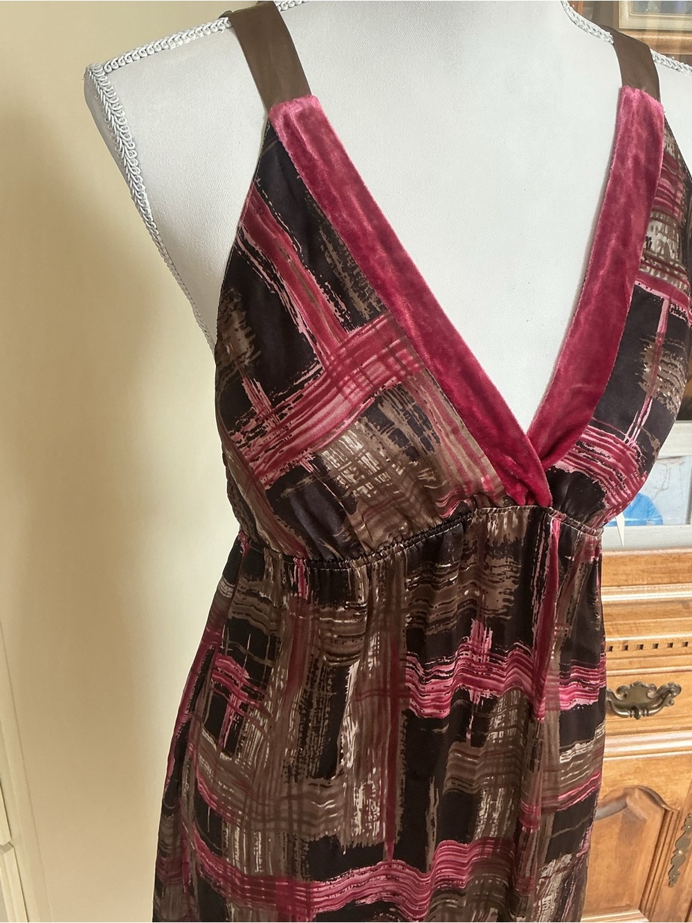 RARE Vintage Hale Bob 100% Silk Abstract Velvet Trim Maroon Taupe Dress Sz S NWT